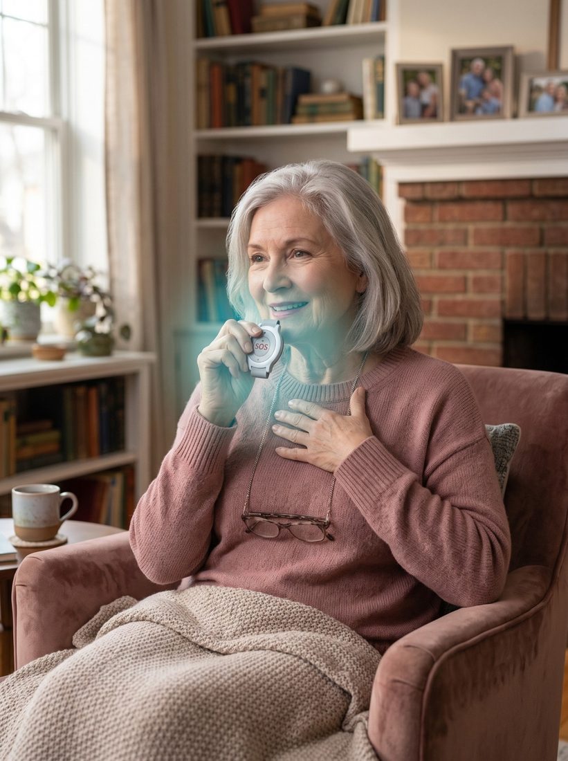 A smiling senior woman at home wearing her My Life Alarm pendant